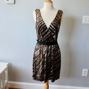 Black and Gold Sequin Dress with Plunging Neckline